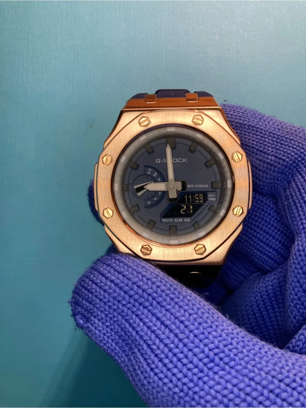 Custom G Shock Navy Rose Gold Rm style Colorway